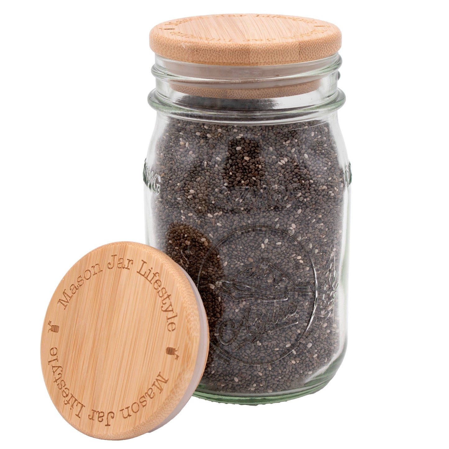 Bamboo storage stopper lids for 16oz Mason jars, round-edged, ideal for sealing and storing seeds or dry goods.
