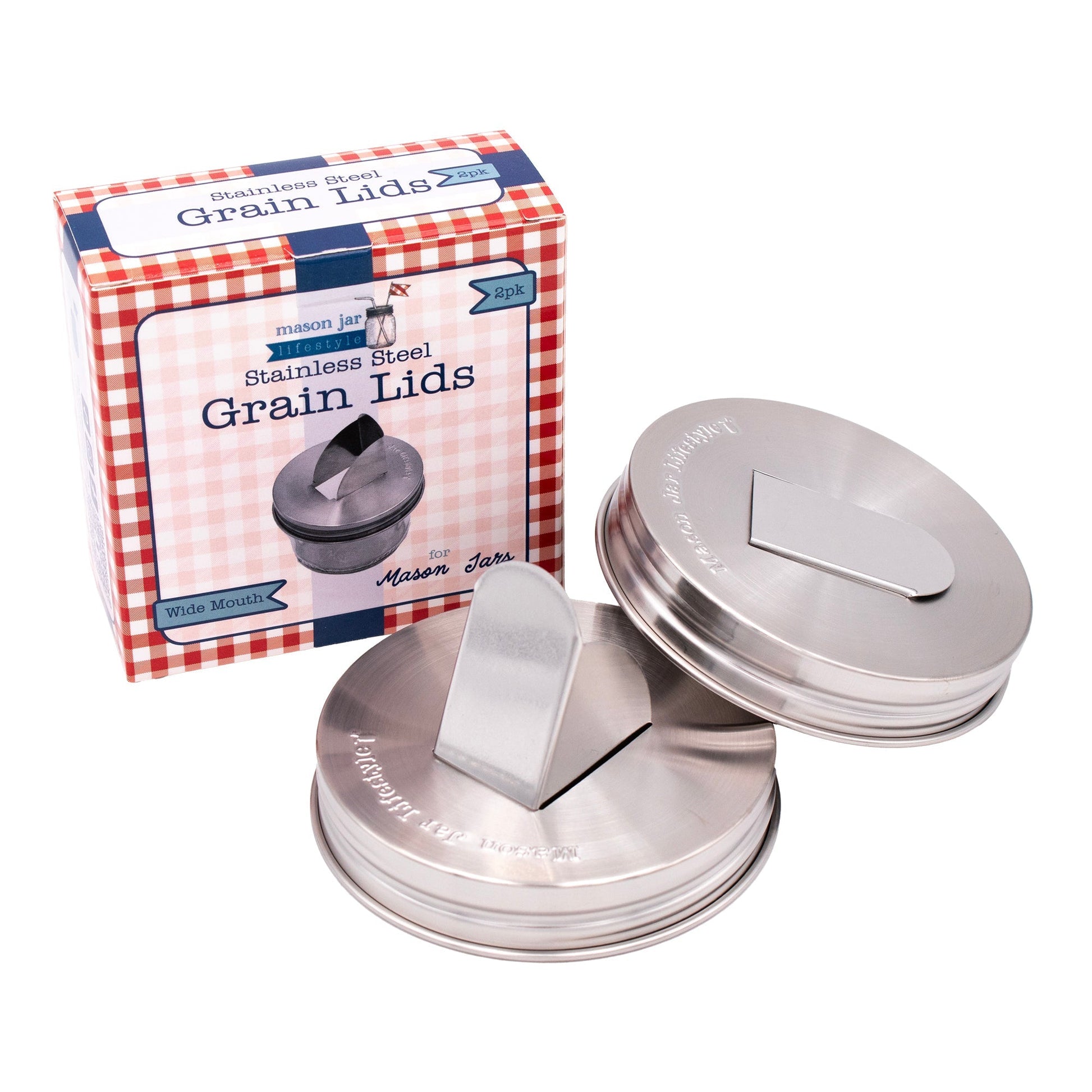 Two stainless steel grain dispenser lids for mason jars, compatible with regular-mouth mason jars, by Mason Jar Lifestyle.