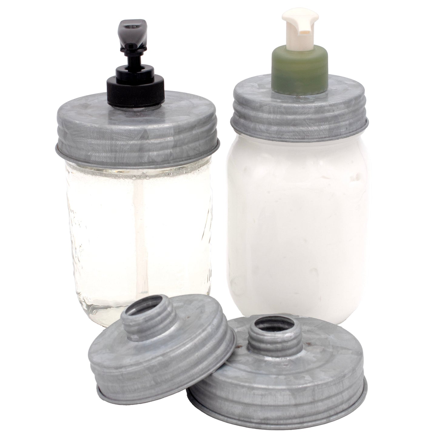 Brushed satin nickel Mason Jar Lifestyle adapter lid for regular-mouth jars, designed for repurposed lotion and soap pumps.