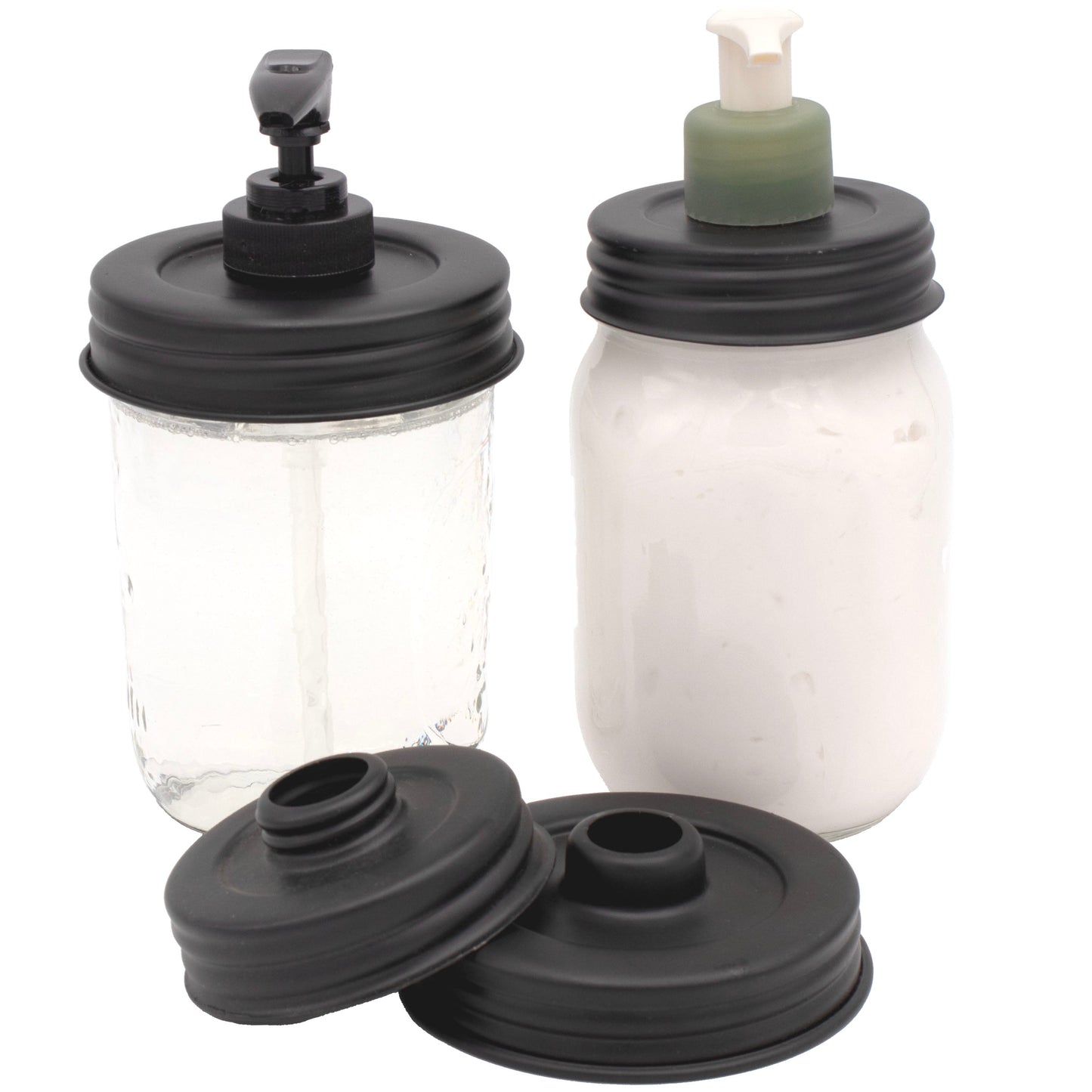 Brushed satin nickel Mason Jar Lifestyle adapter lid for repurposed lotion and soap pumps on a regular-mouth Mason jar.