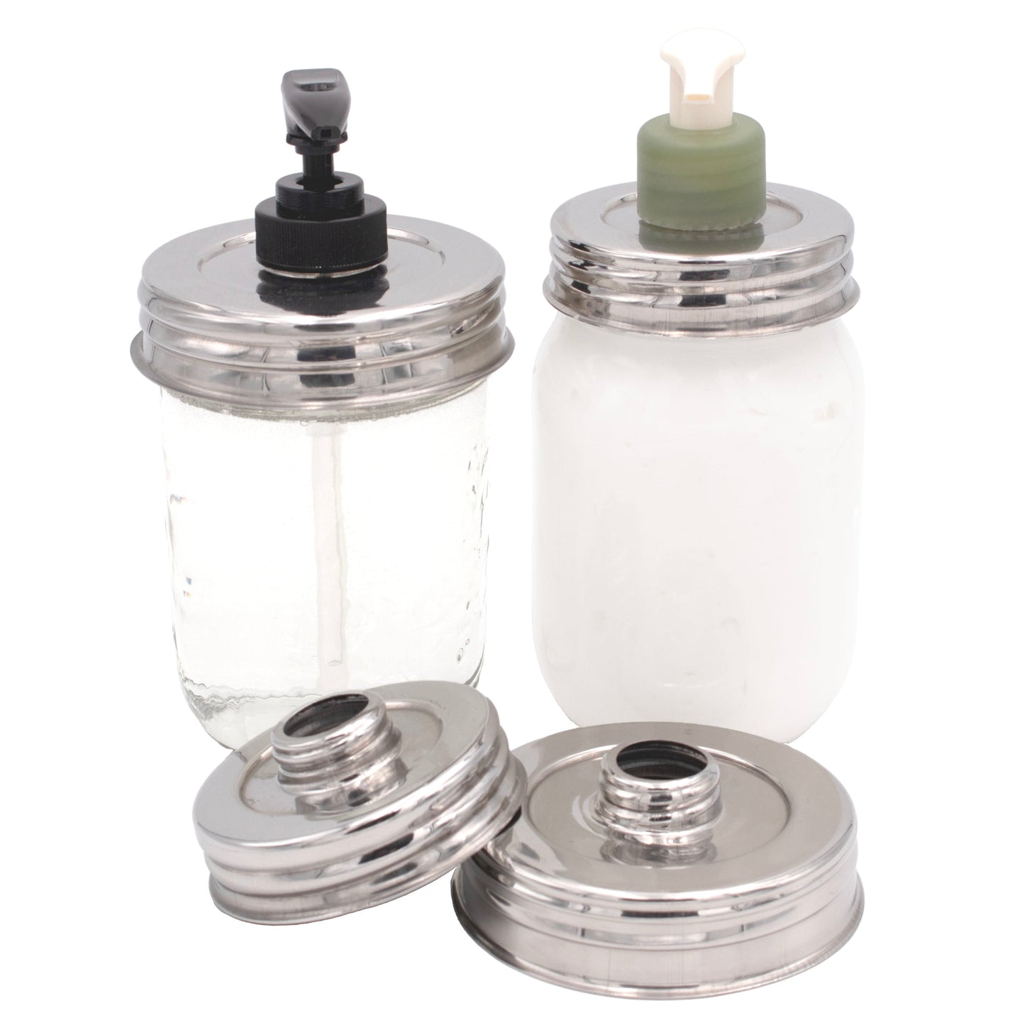 Brushed satin nickel Mason Jar Lifestyle adapter lid for repurposed lotion and soap pump fitting on a regular-mouth mason jar.