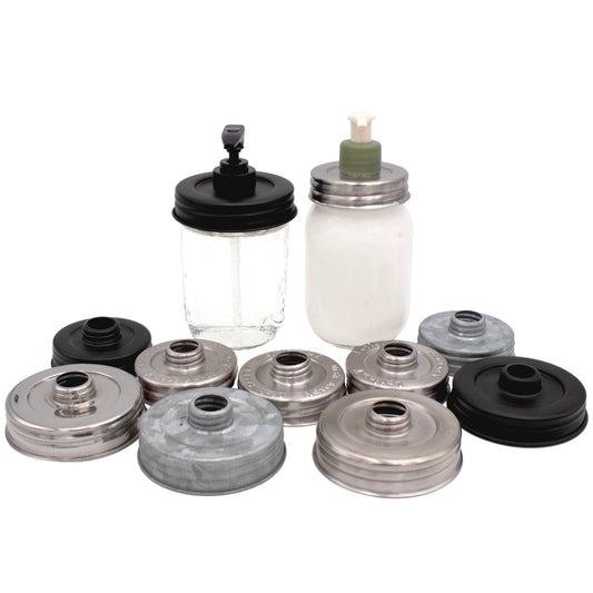 Brushed satin nickel Mason Jar Lifestyle adapter lid for regular-mouth jars, designed for repurposed lotion and soap pumps.