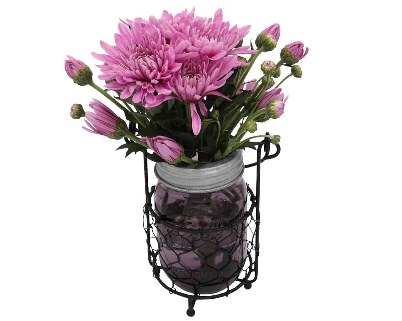 Galvanized metal frog lid for mason jars, used as flower organizer with chicken wire design by Mason Jar Lifestyle.