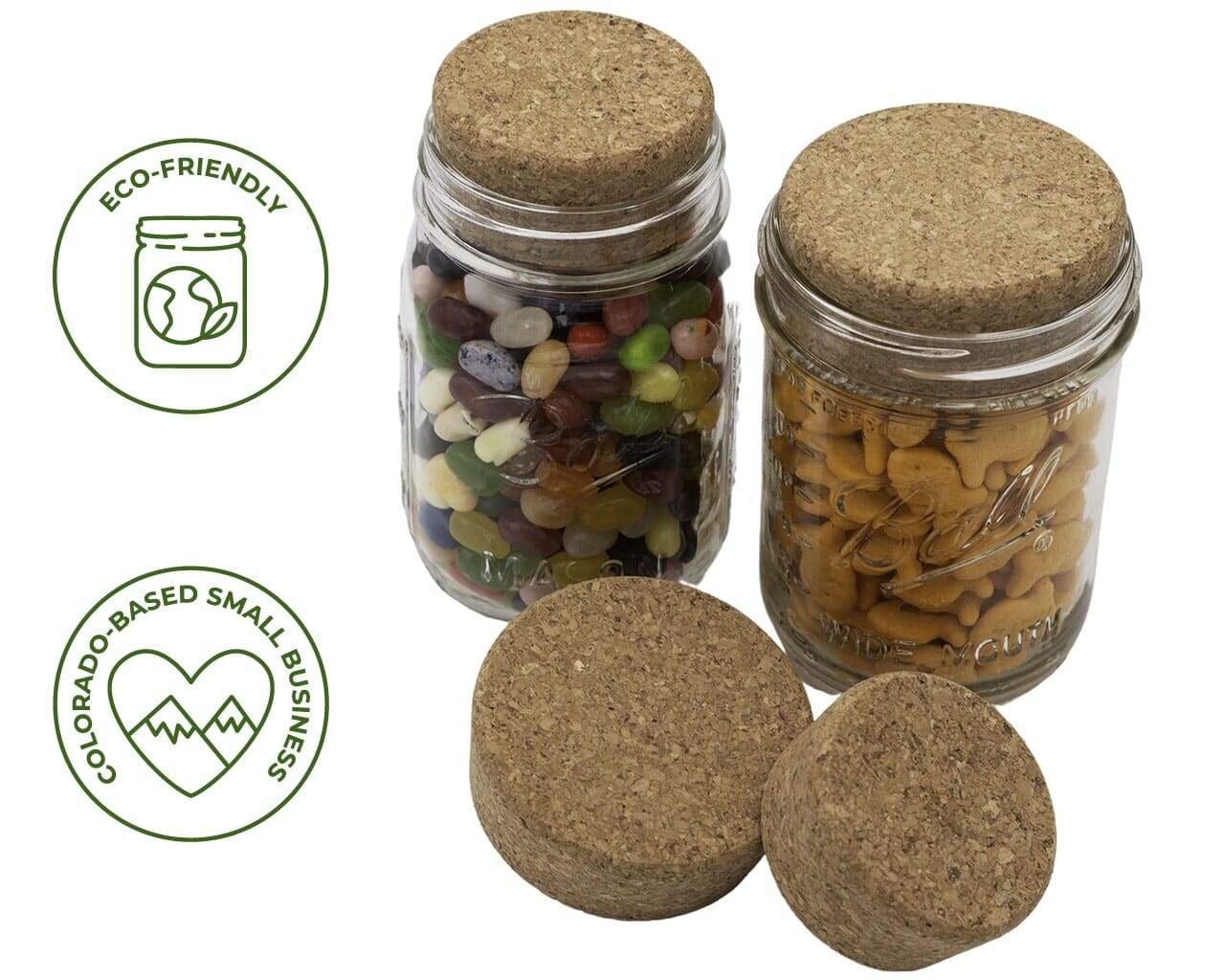 Set of four Mason Jar Lifestyle cork lids and stoppers for regular-mouth mason jars, ideal for sealing and storing.