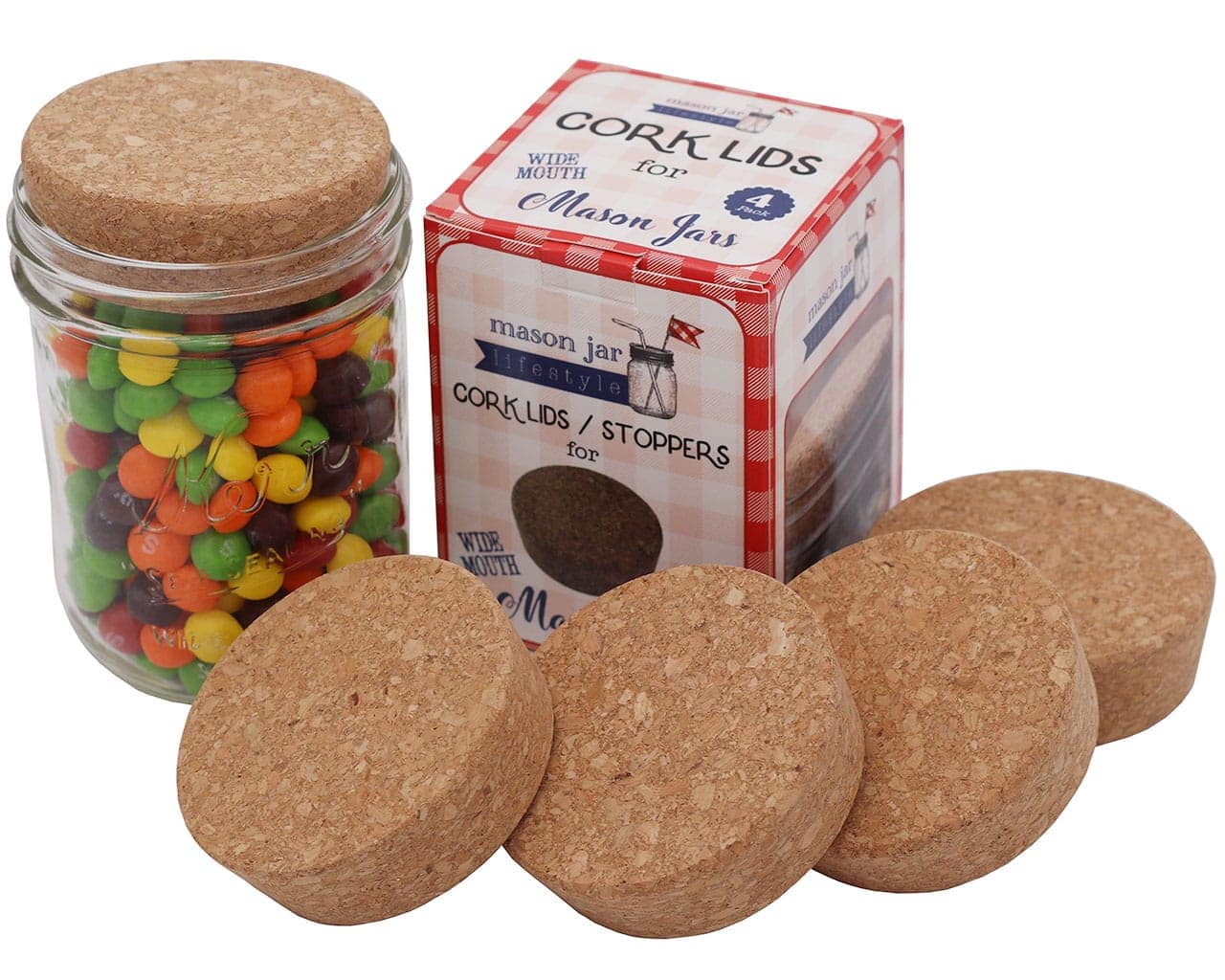 Set of four Mason Jar Lifestyle cork lids for regular-mouth Mason jars, ideal for sealing and preserving jars.