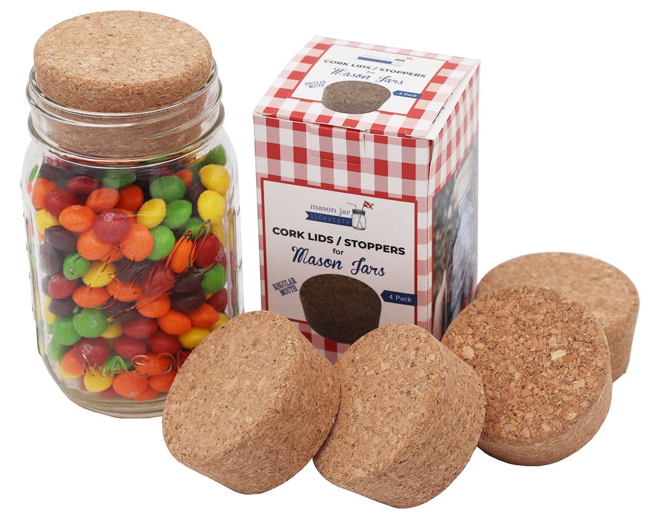 Set of four Mason Jar Lifestyle cork lids for regular-mouth mason jars, ideal for sealing and storing homemade preserves.