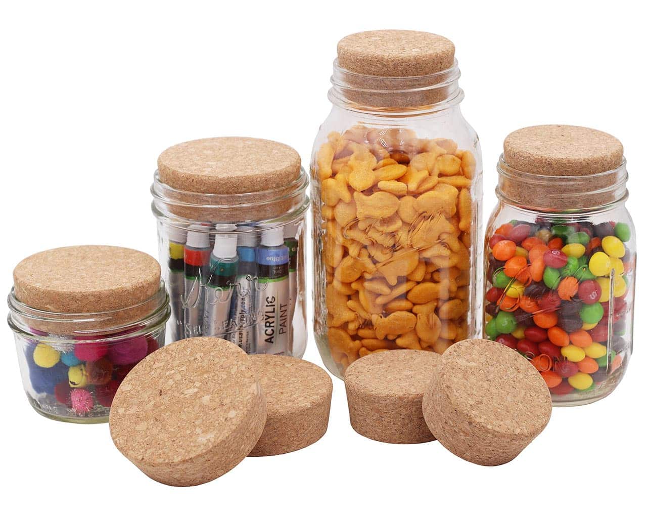 Set of four Mason Jar Lifestyle cork lids for regular-mouth mason jars, ideal for sealing and storage.
