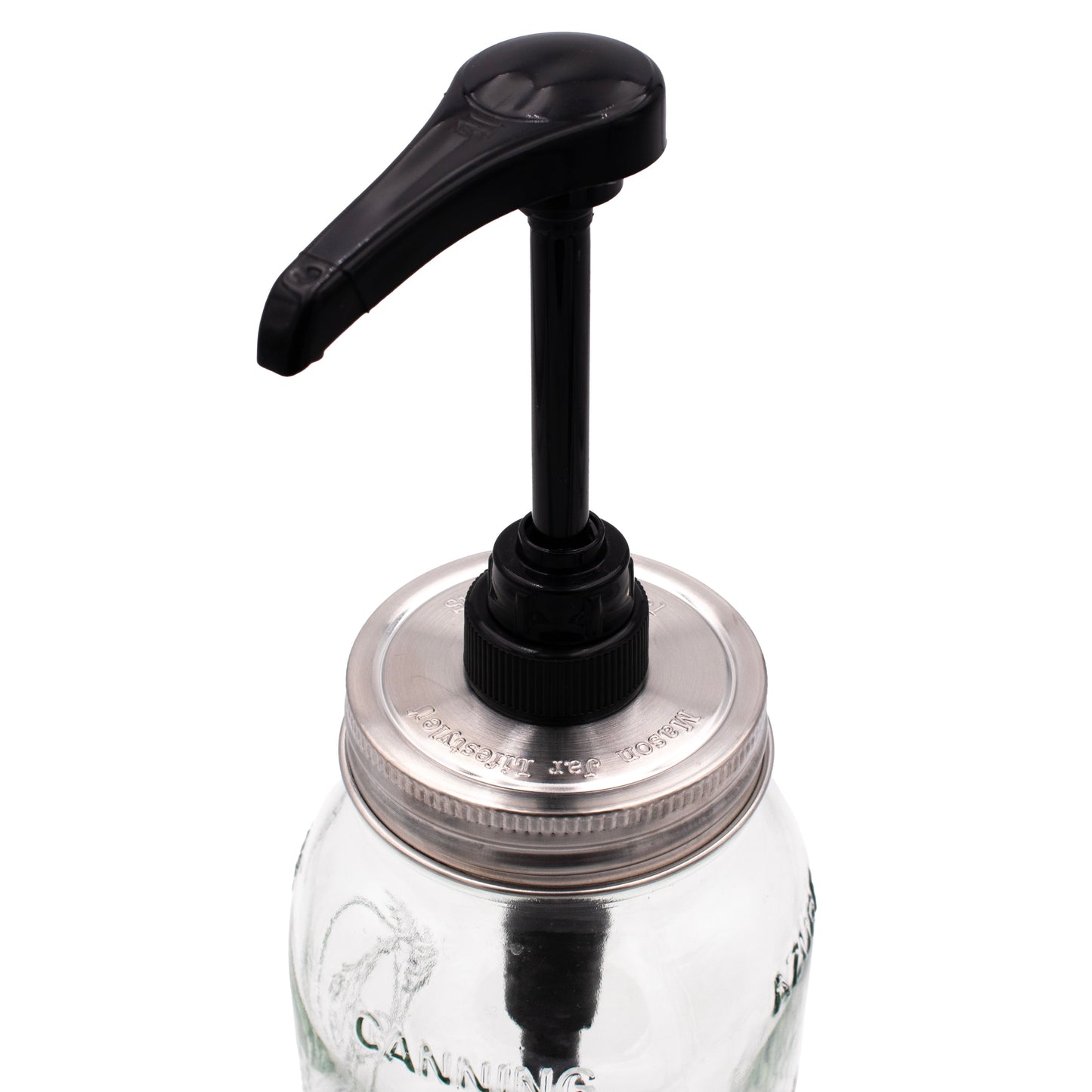 Food grade dispenser pump for Mason jars with matte stainless steel lid, fits regular-mouth jars, ideal for liquids or condiments.