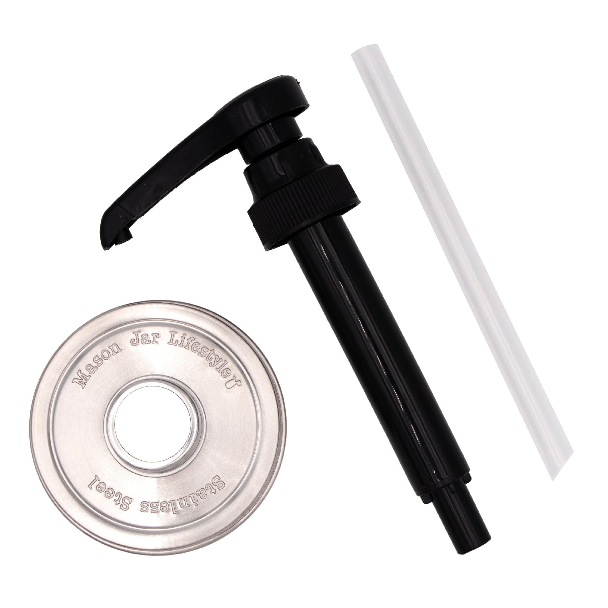 Food grade dispenser pump for Mason jars with matte stainless steel lid, compatible with regular-mouth Mason jars by Mason Jar Lifestyle.