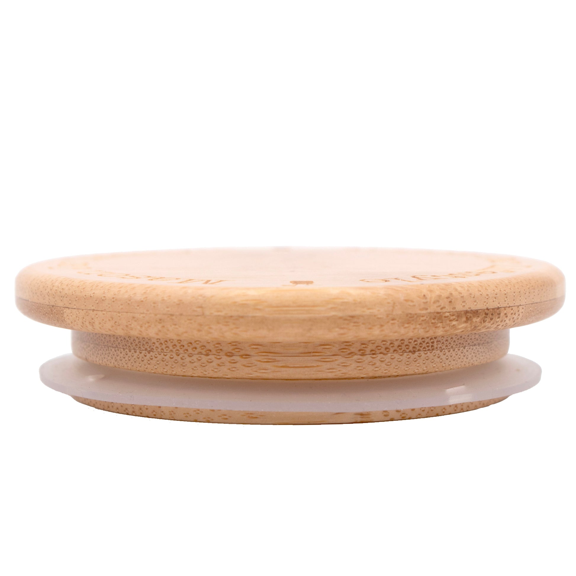 Bamboo storage stopper lid for Mason jars with a rounded edge, designed by Mason Jar Lifestyle, shown on a white background.