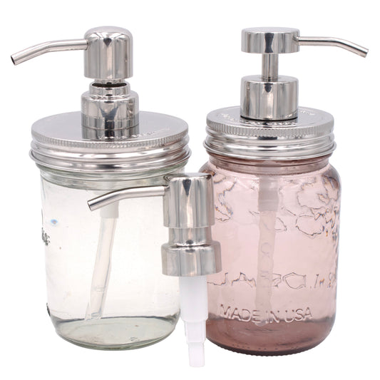 Chrome soap pump dispenser with mirror finish, designed for regular mouth Mason jars, by Mason Jar Lifestyle.