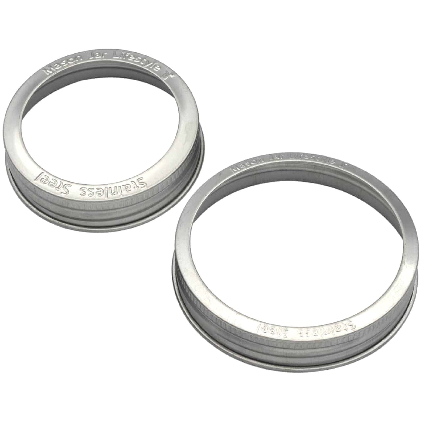 Set of five rust-proof stainless steel bands for Mason jars, compatible with regular-mouth jars, by Mason Jar Lifestyle.