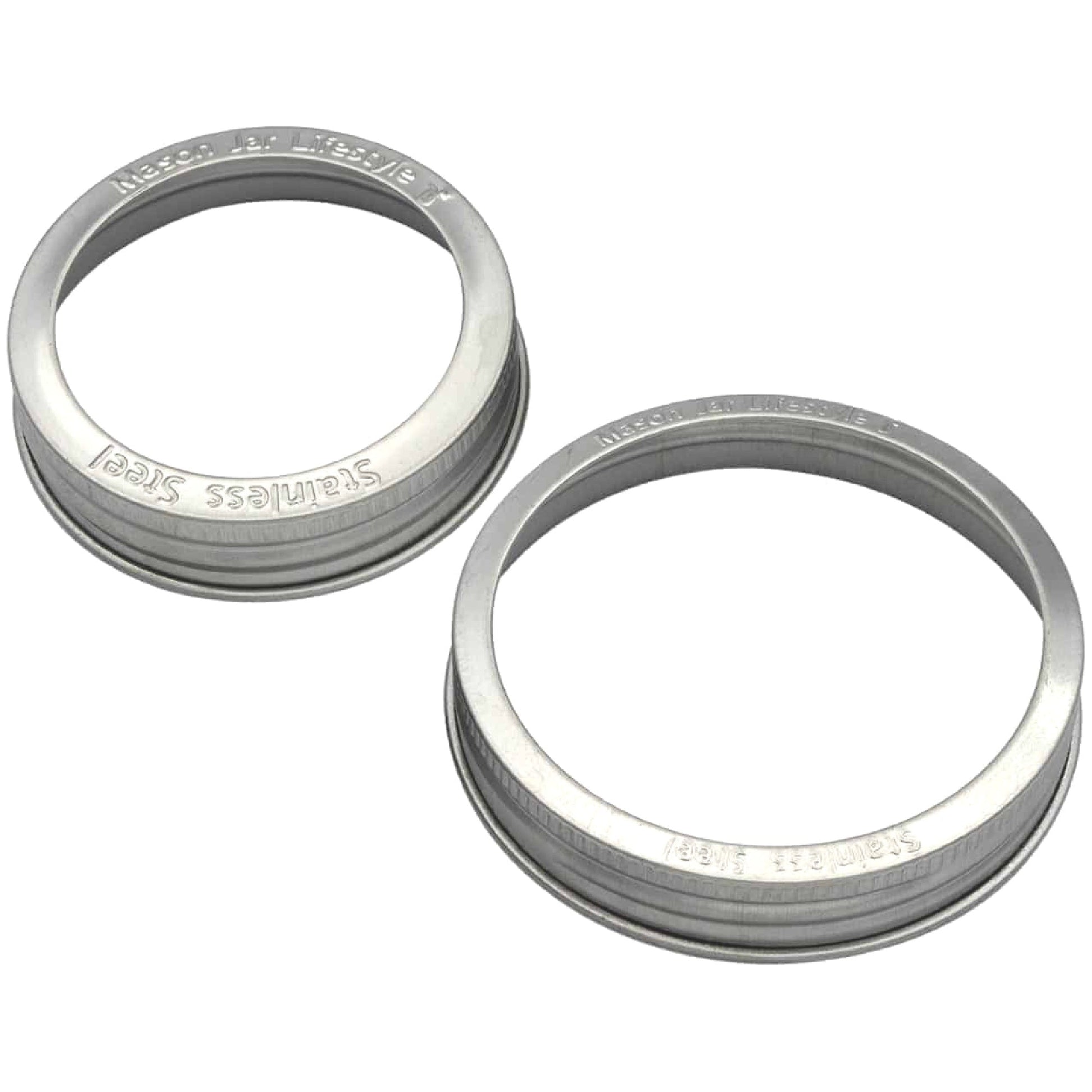 Set of five rust-proof stainless steel bands for Mason jars, compatible with regular-mouth jars, by Mason Jar Lifestyle.