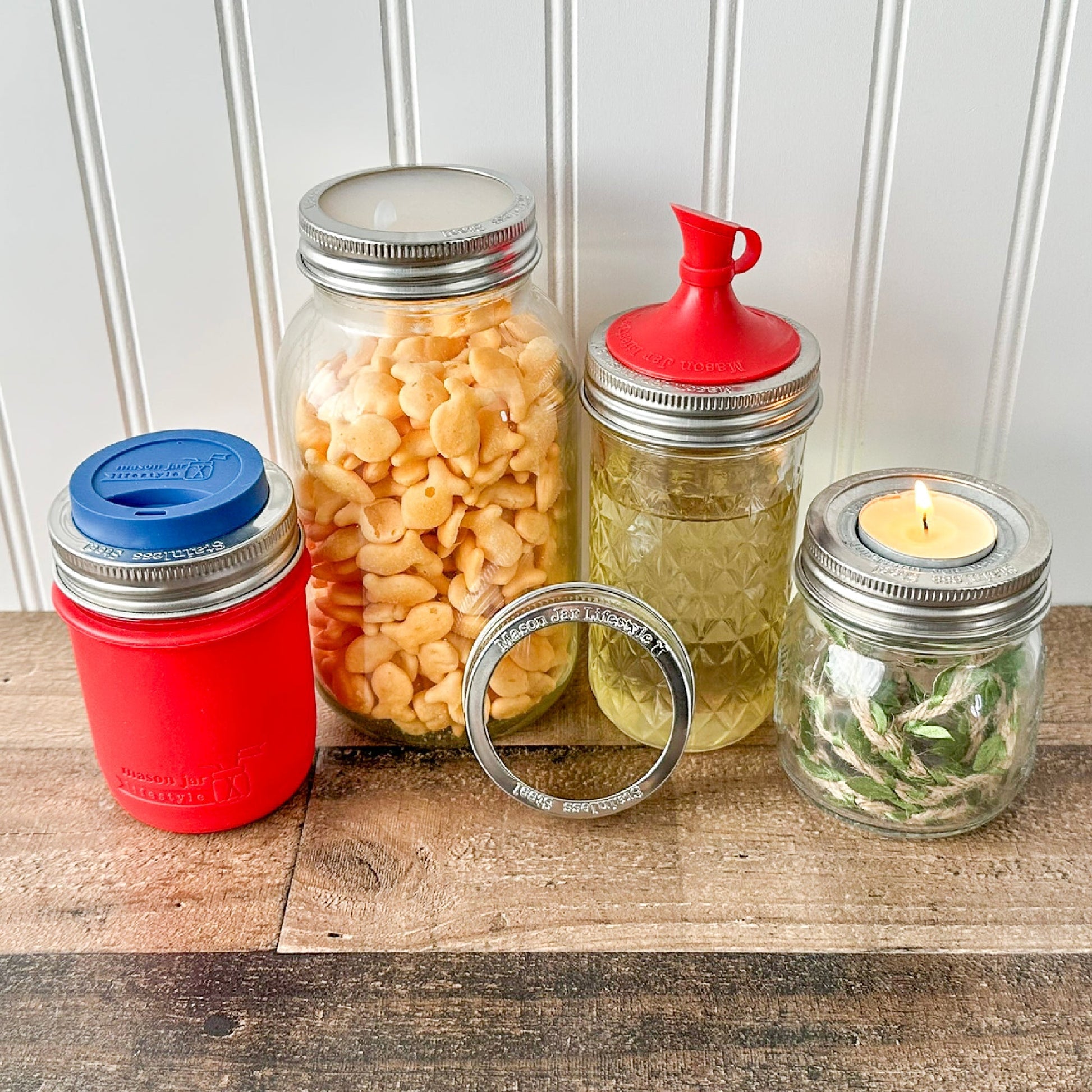 Set of five rust-proof stainless steel bands for mason jars, designed for secure sealing and durability.