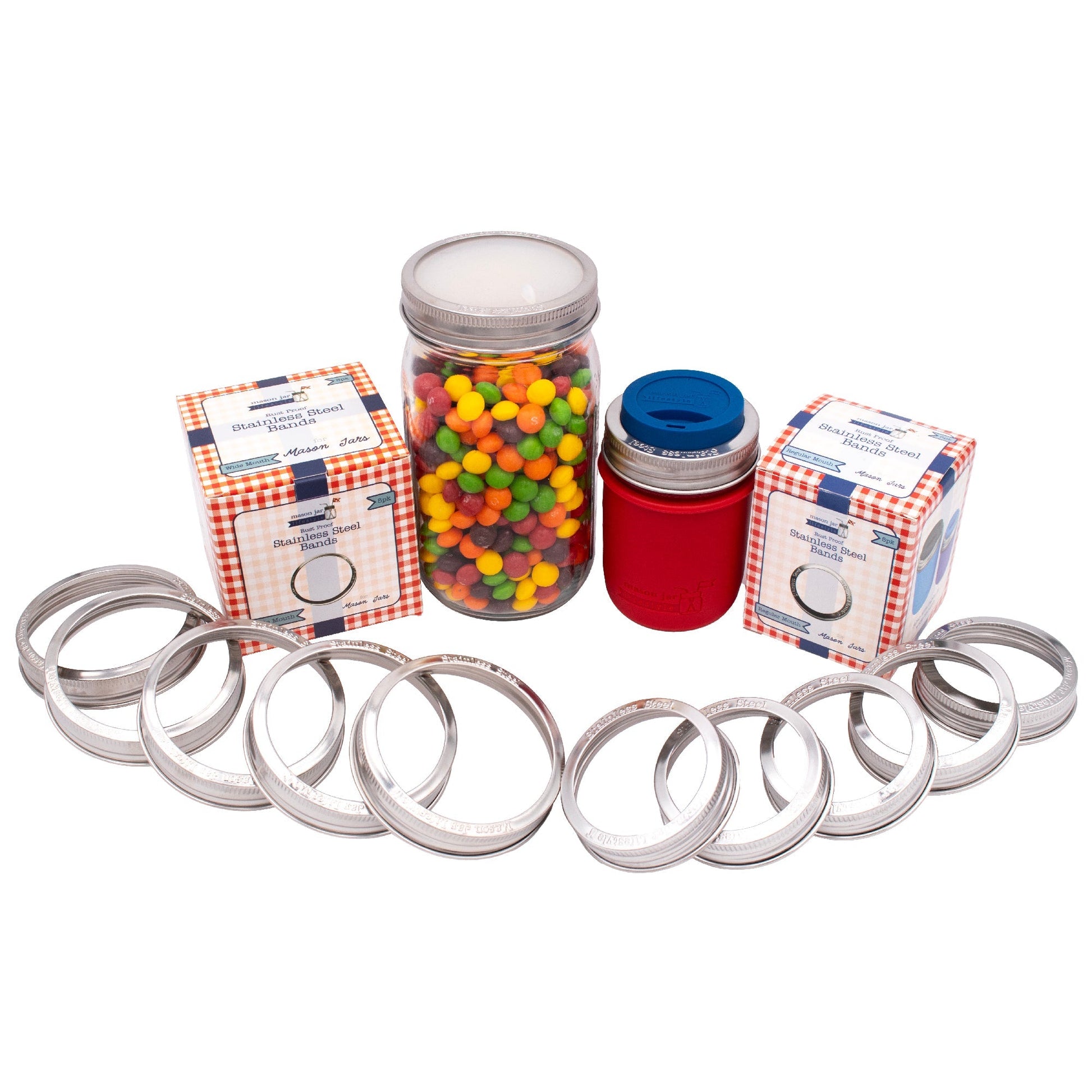 Set of five rust-proof stainless steel bands for Mason jars, compatible with regular-mouth jars, by Mason Jar Lifestyle.