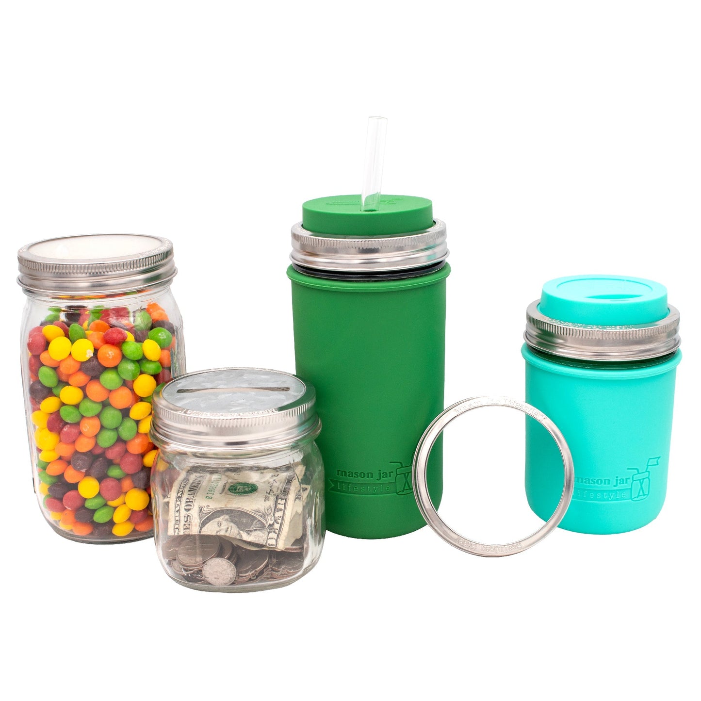 Set of five rust-proof stainless steel bands for Mason jars, designed for regular-mouth jars, from Mason Jar Lifestyle.
