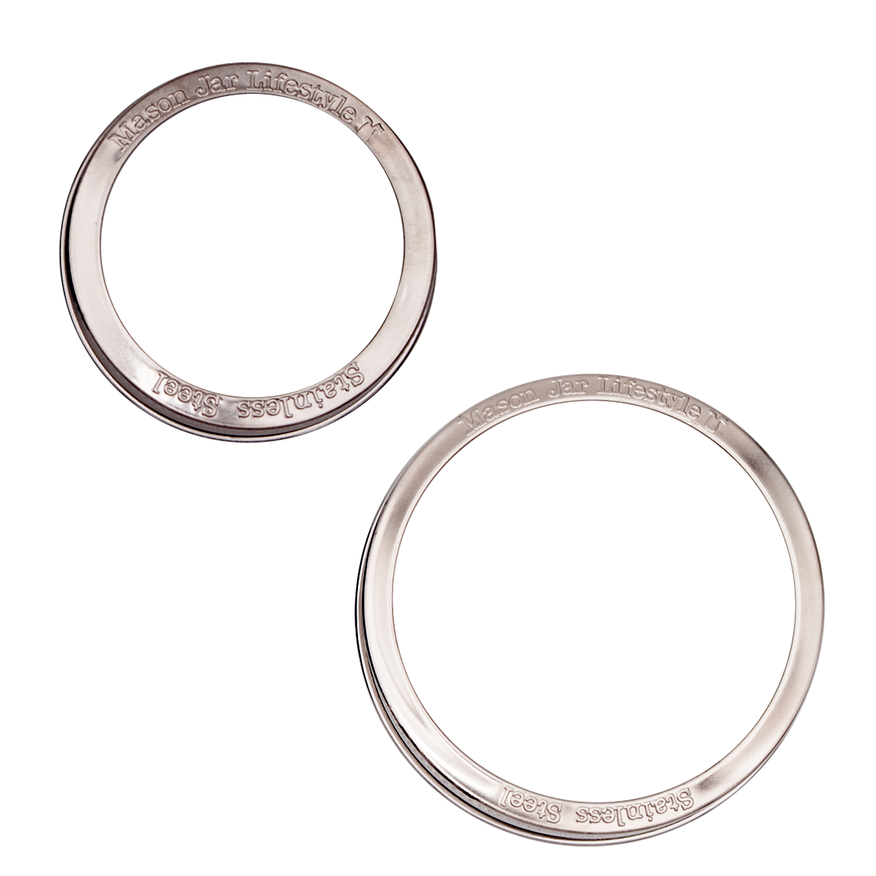 Set of five rust-proof stainless steel bands for Mason jars, designed for regular-mouth jars, with Mason Jar Lifestyle logo.