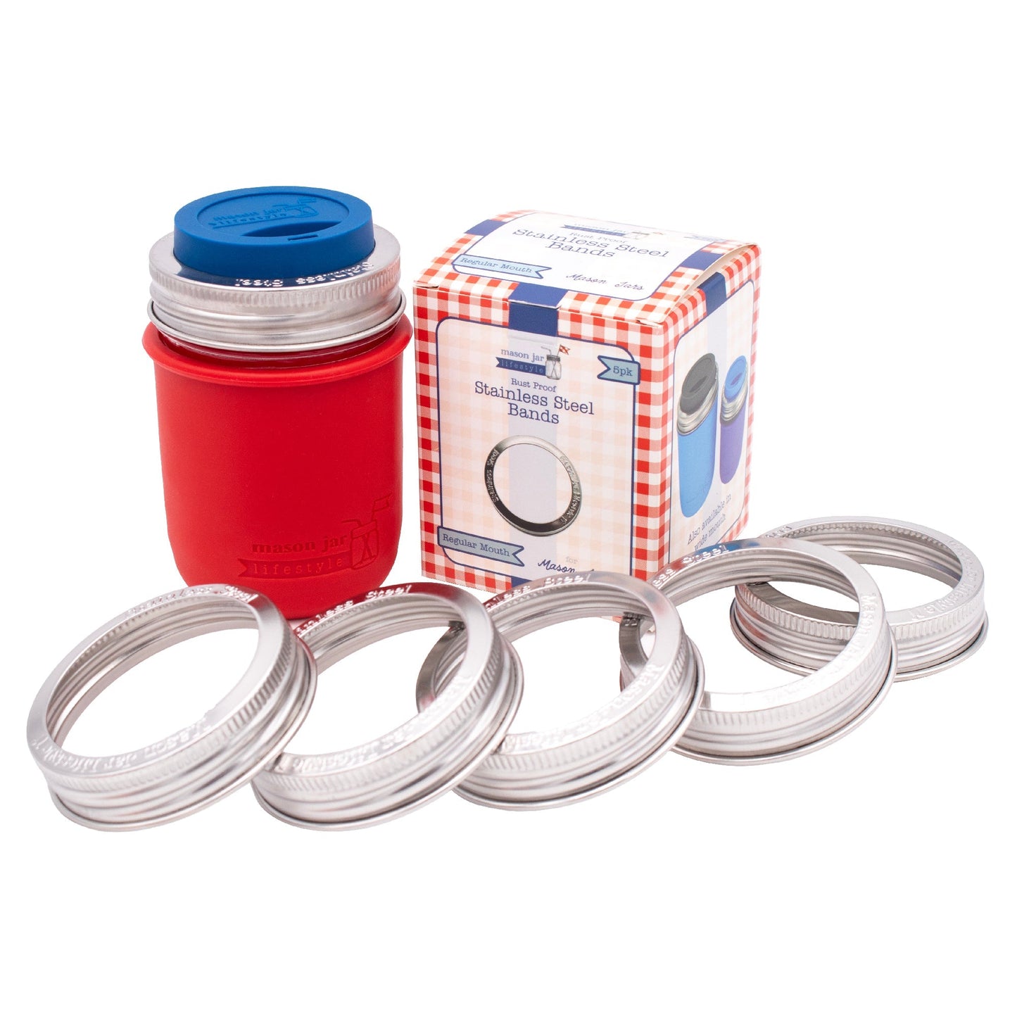 Five rust-proof stainless steel bands for mason jars, regular mouth size, designed by Mason Jar Lifestyle for secure sealing.