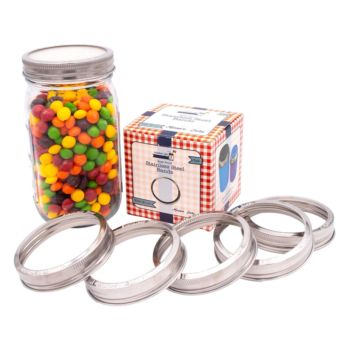Set of five rust-proof stainless steel bands for mason jars, suitable for regular-mouth jars, by Mason Jar Lifestyle.