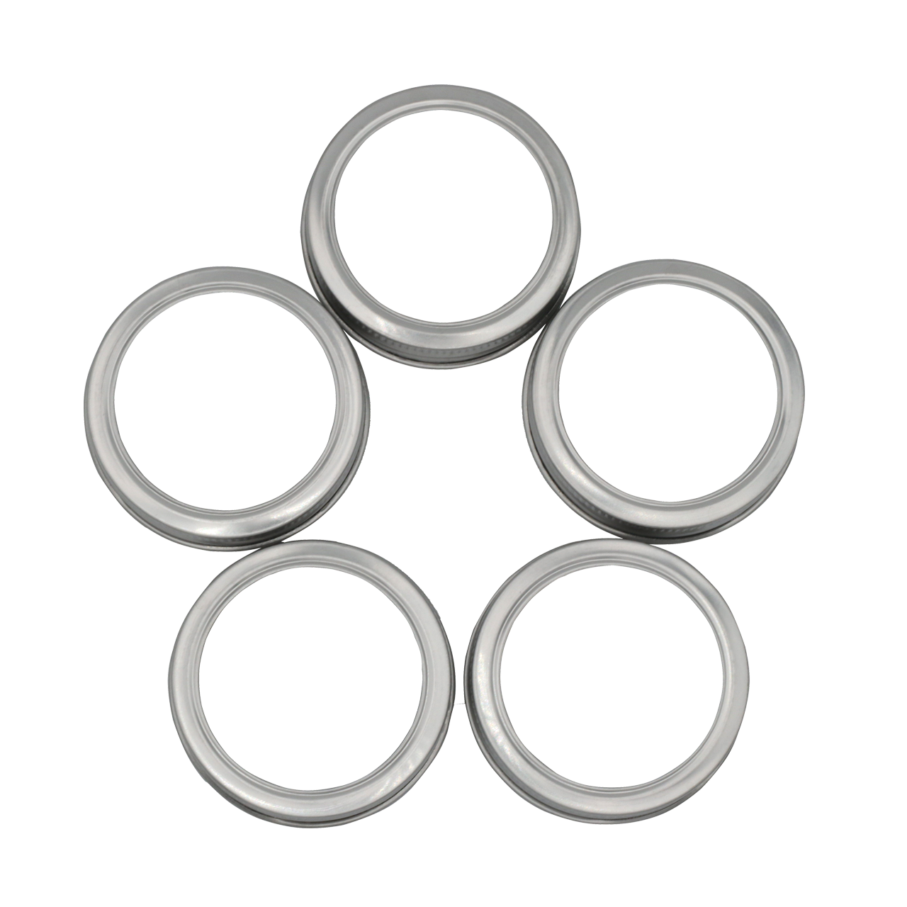 Set of five rust-proof stainless steel bands for mason jars, suitable for regular-mouth jars, by Mason Jar Lifestyle.