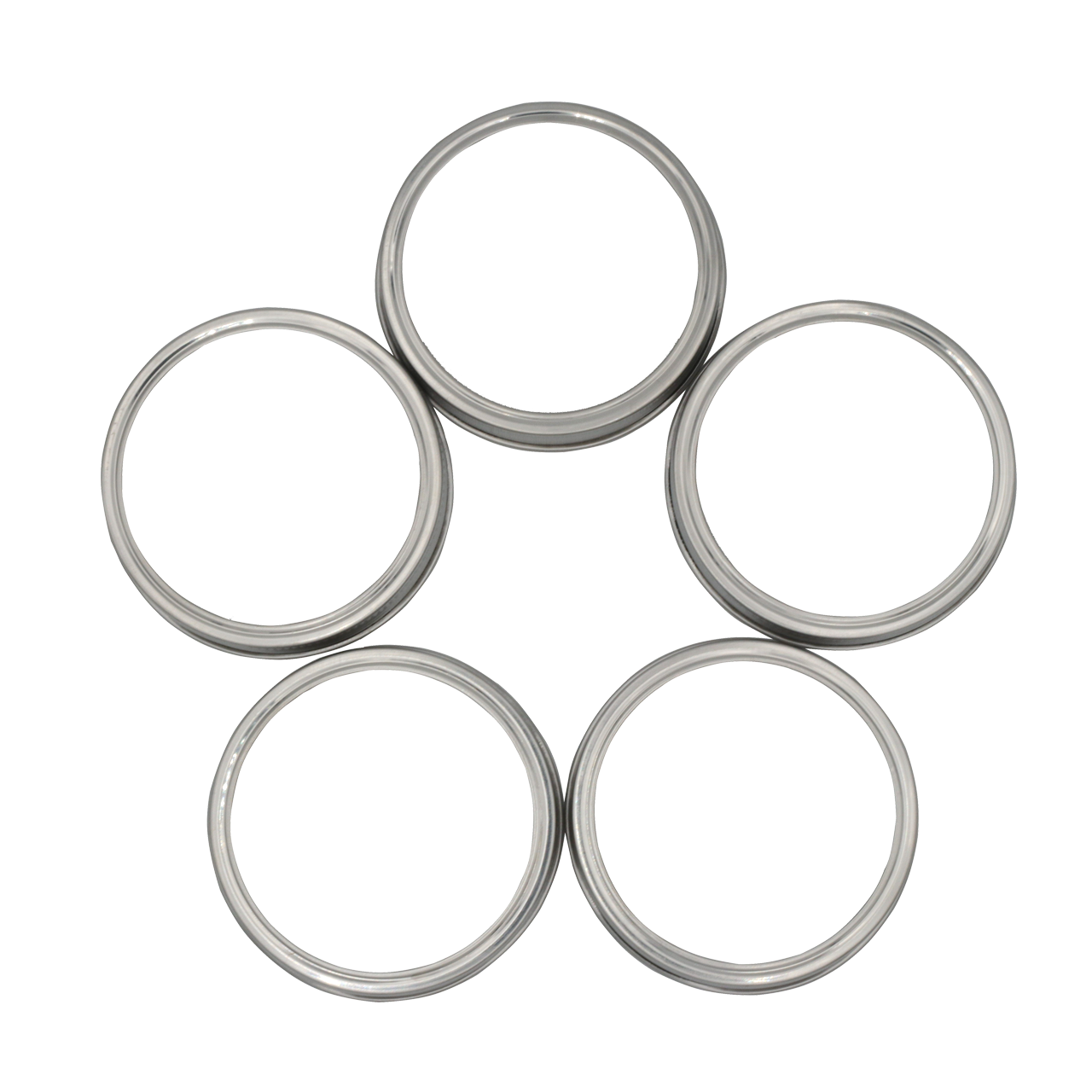 Set of five rust-proof stainless steel bands for mason jars, suitable for regular-mouth jars, from Mason Jar Lifestyle.