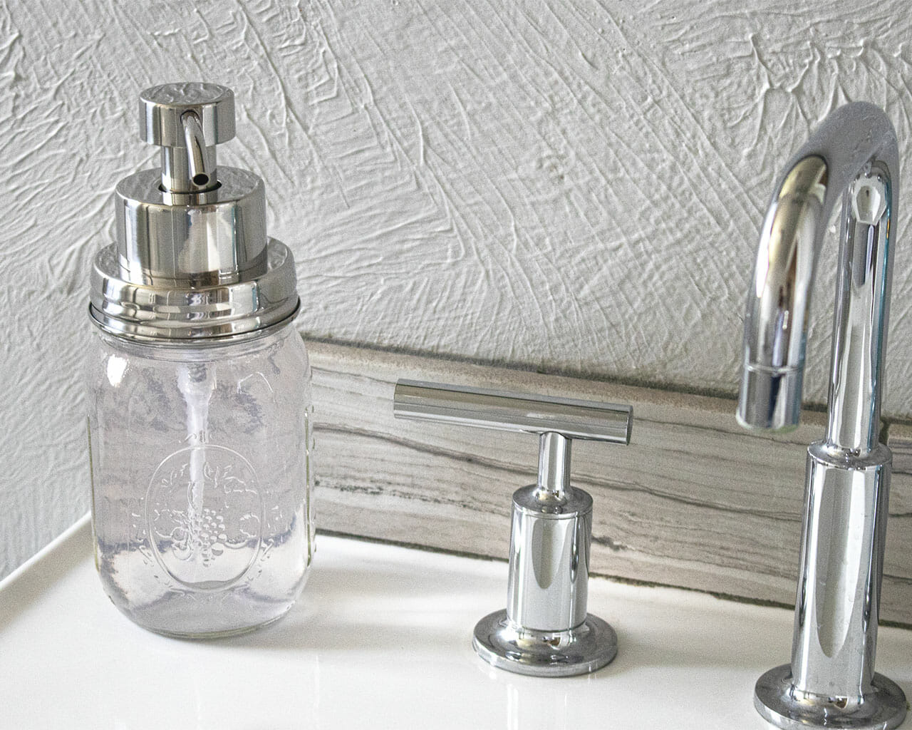 Satin finish foaming soap pump dispenser for regular-mouth Mason jars, Mason Jar Lifestyle brand, suitable for kitchen or bathroom use.