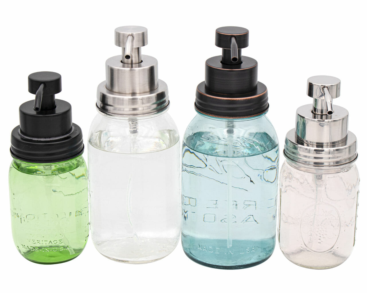 Satin-finish Mason Jar Lifestyle foaming soap pump dispenser attached to a regular-mouth mason jar for hand soap.