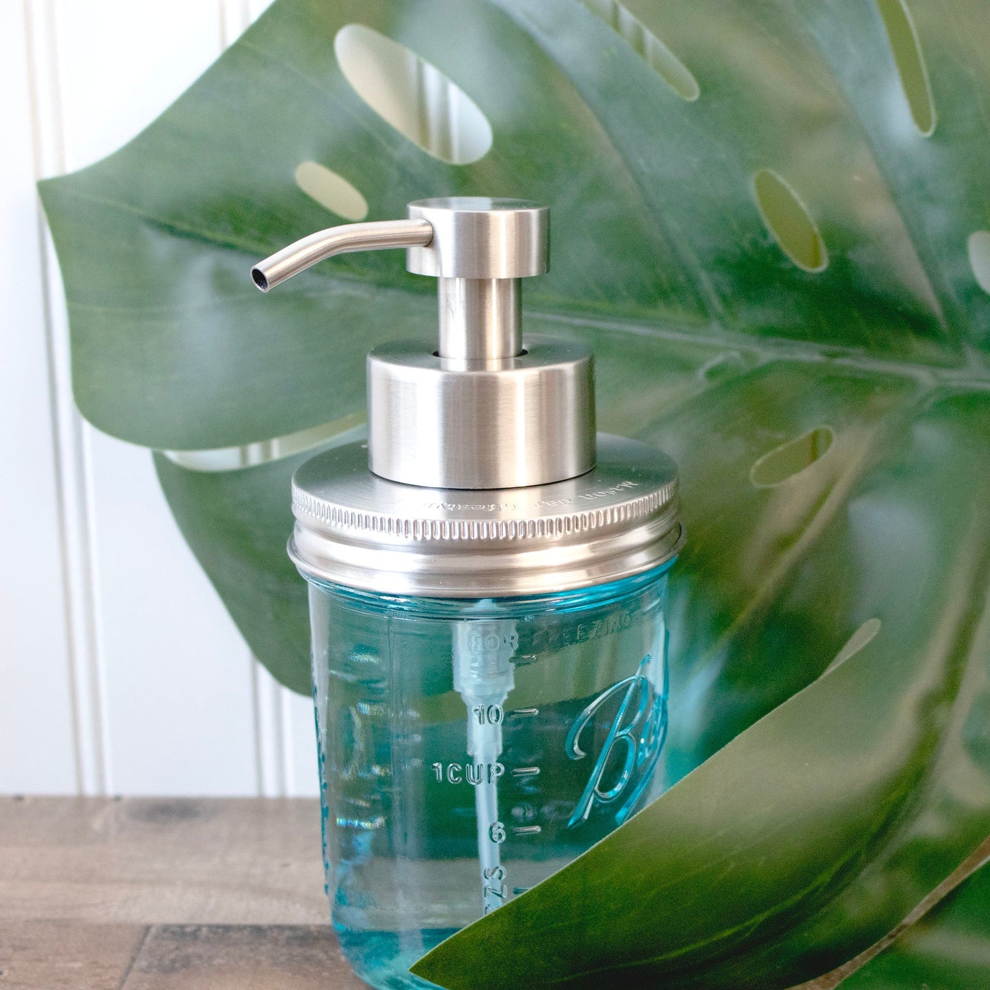 Satin finish foaming soap pump dispenser for mason jars, Mason Jar Lifestyle brand, fits regular-mouth mason jars for convenient soap dispensing.