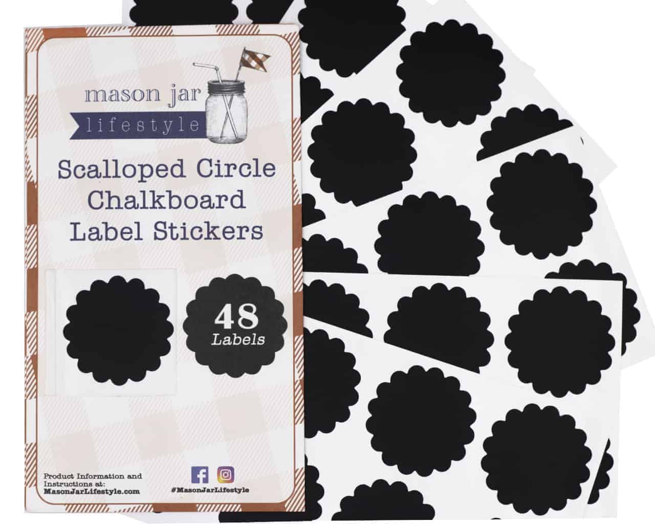 Set of 48 Mason Jar Lifestyle vinyl chalkboard labels with scalloped circle design, perfect for organizing and labeling jars.