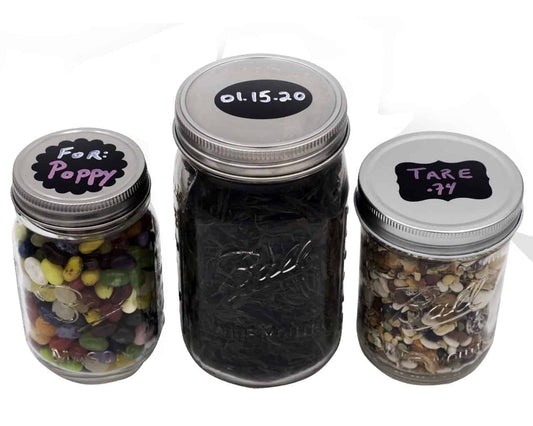 Set of 48 Mason Jar Lifestyle vinyl chalkboard labels with scalloped circles for organizing and labeling items.