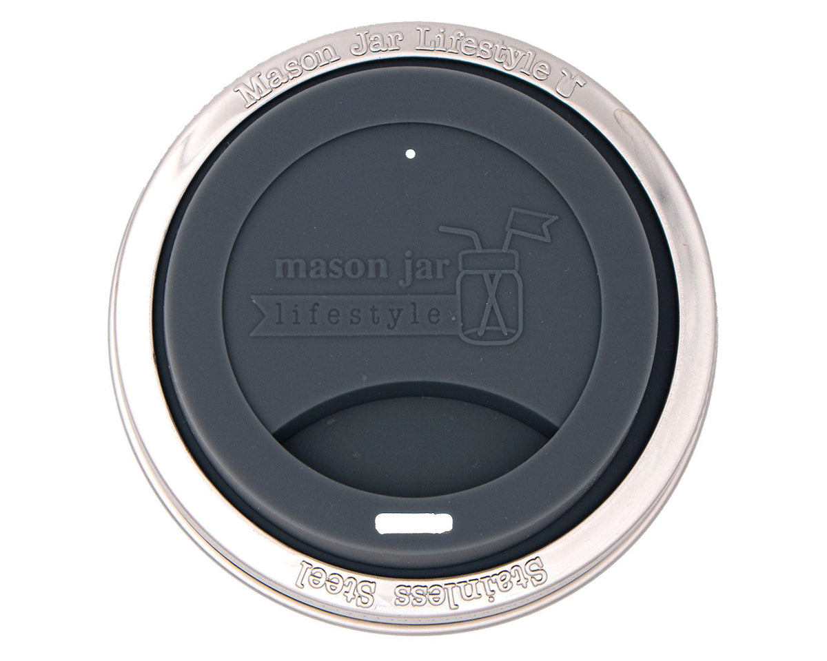 Charcoal gray silicone drinking lid with stainless steel band for wide-mouth Mason jars, part of Mason Jar Lifestyle's Zero Waste Starter Kit