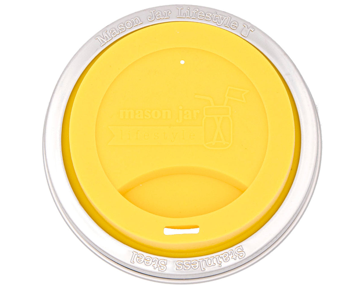 Lemon yellow mason jar with silicone drinking lid and stainless steel band, part of Mason Jar Lifestyle Zero Waste Starter Kit.