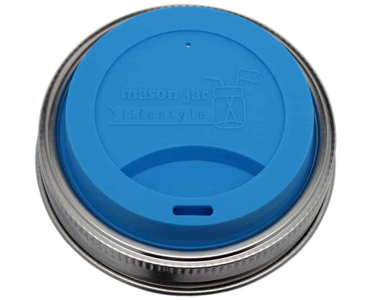 Bright blue silicone drinking lid with stainless steel band for wide-mouth Mason jars, part of Mason Jar Lifestyle Zero Waste Starter Kit.