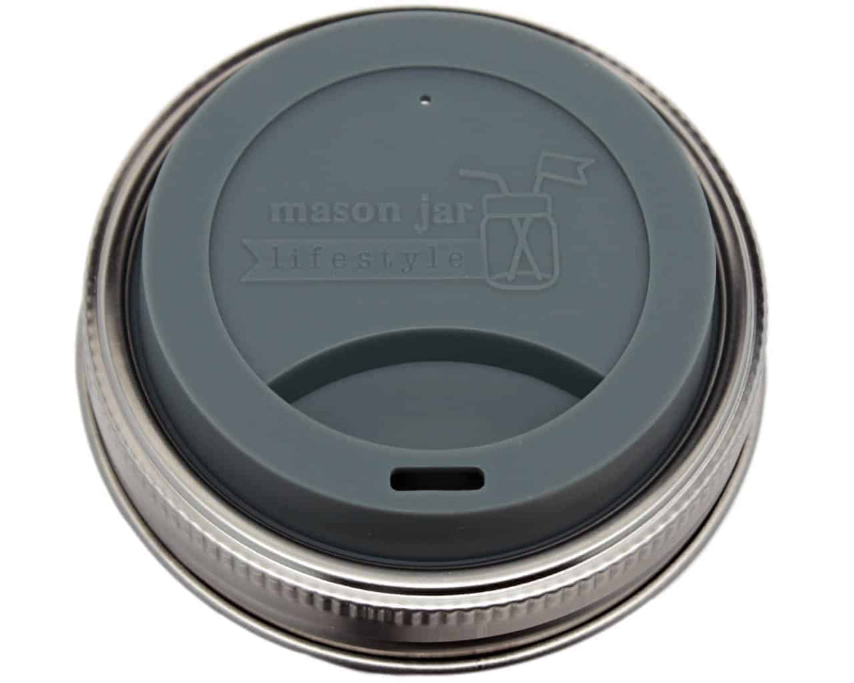 Charcoal gray Mason Jar Lifestyle silicone drinking lid with stainless steel band on wide-mouth mason jar for zero waste use