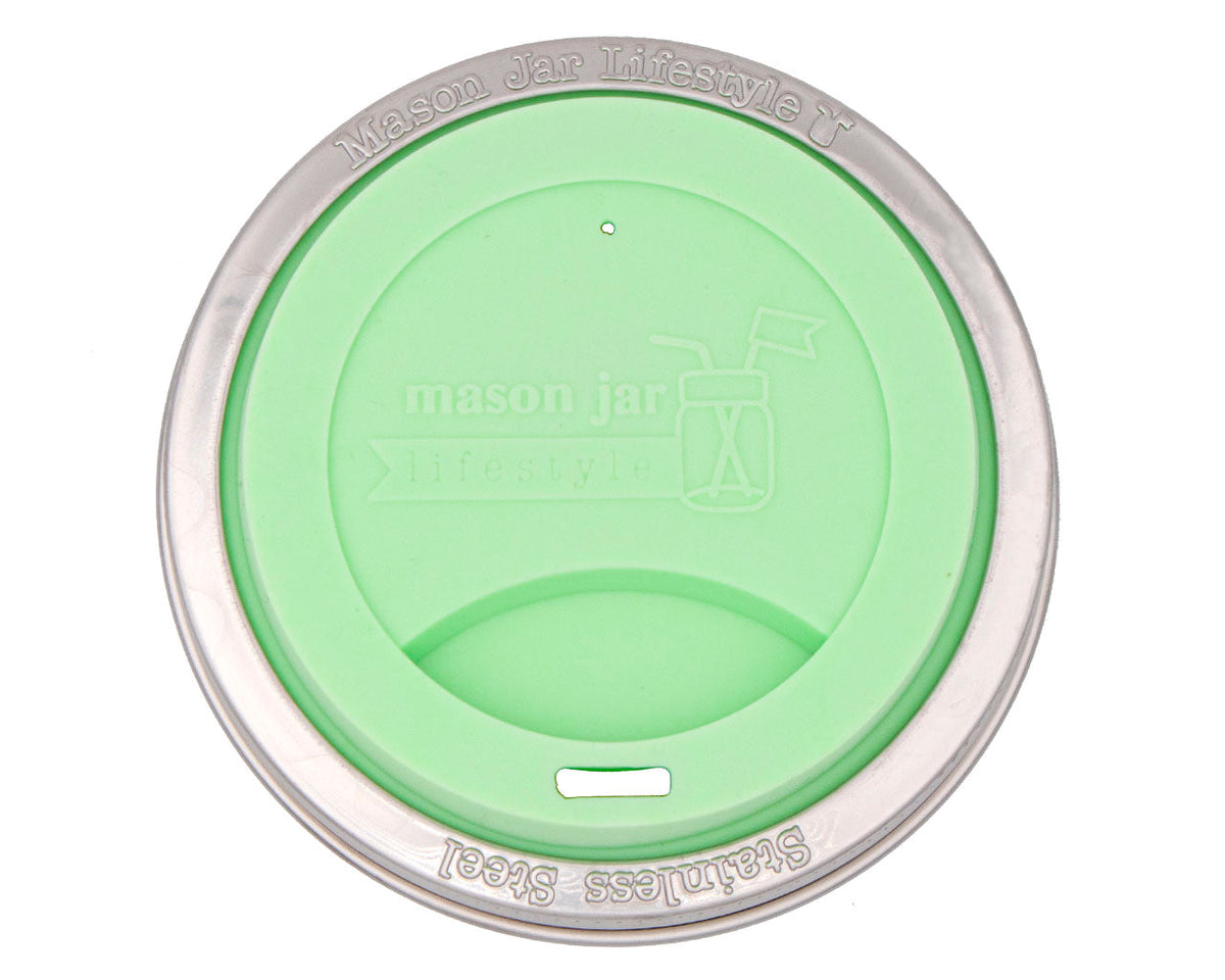 Mint green silicone drinking lid with stainless steel band for wide-mouth Mason jars, part of Mason Jar Lifestyle Zero Waste Starter Kit
