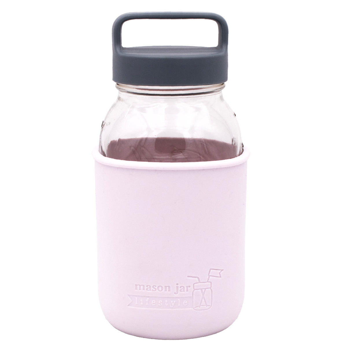 Mason Jar Lifestyle 32oz glass water bottle with light orchid silicone sleeve, gray lid, and carry handle for travel and hydration.