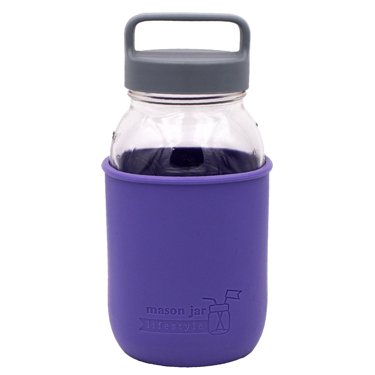 Mason Jar Lifestyle 32oz glass water bottle with purple silicone sleeve, gray lid, and carry handle for travel and hydration.