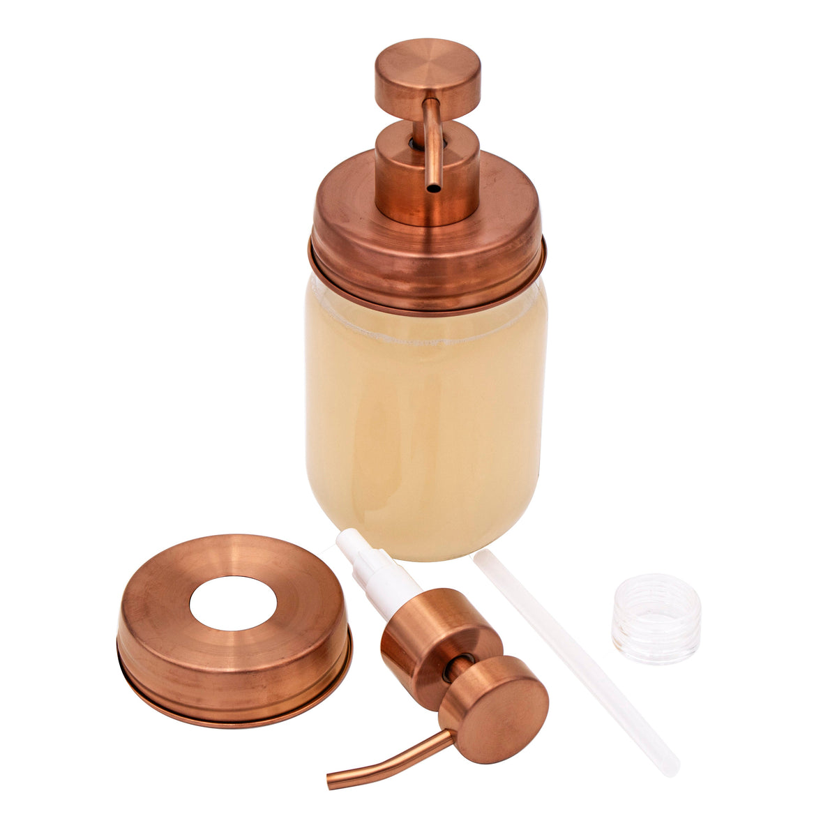 Rose gold soap pump lid kit for regular mouth Mason jars, reusable and refillable, ideal for bathroom or kitchen soap dispensers.