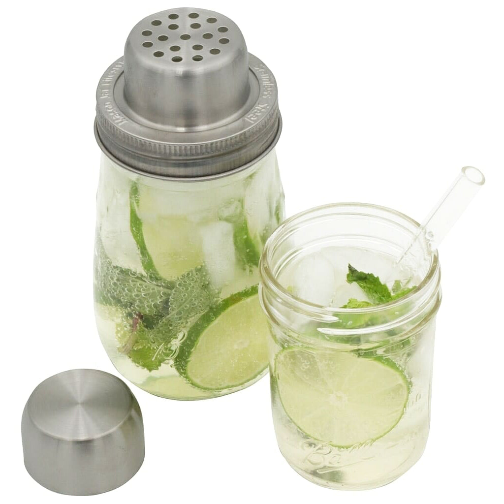 Mason Jar Lifestyle cocktail shaker lid with stainless steel band, fits Mason jar for mixing drinks, compact and stylish for home bar use