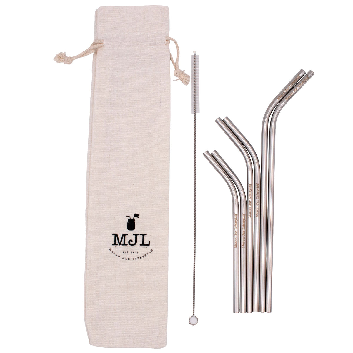 Six stainless steel thin bent straws for Mason Jars, reusable and rust-proof, ideal for drinking smoothies, water, or mixed drinks.