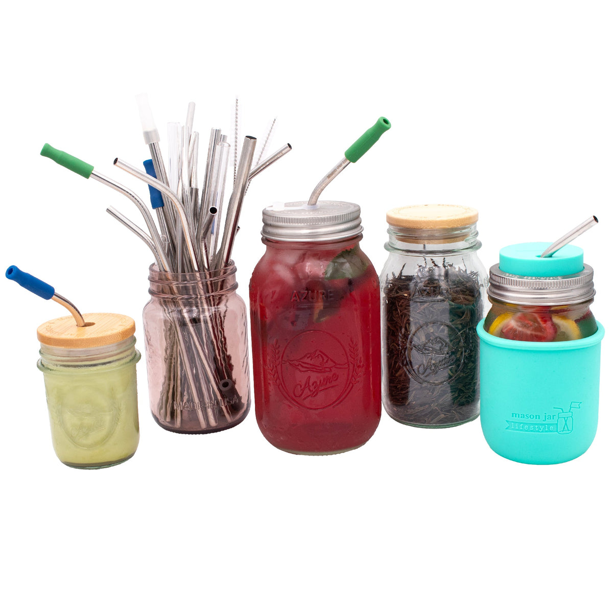 Six stainless steel bent straws for mason jars, reusable and rust-proof, ideal for drinking mixed drinks or water.