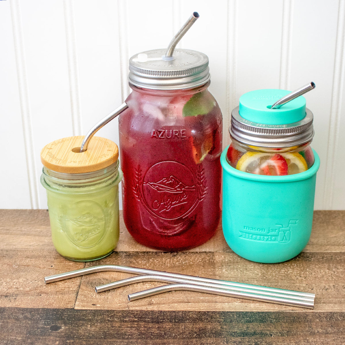Six stainless steel bent straws for mason jars, ideal for drinks, in aquamarine, from Mason Jar Lifestyle, reusable and rust-proof.