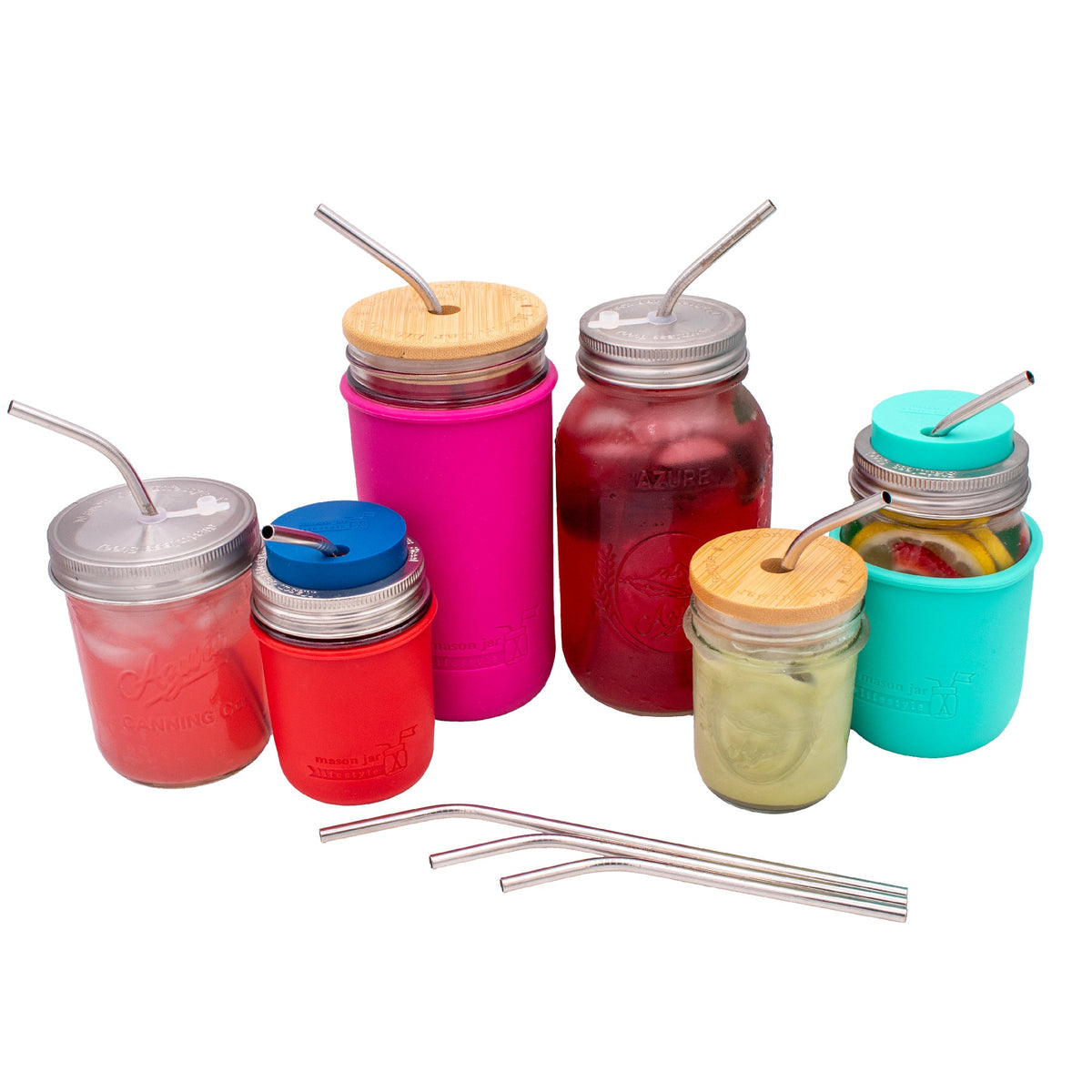 Six stainless steel thin bent straws for mason jars, ideal for drinks, with bamboo sleeves, from Mason Jar Lifestyle.
