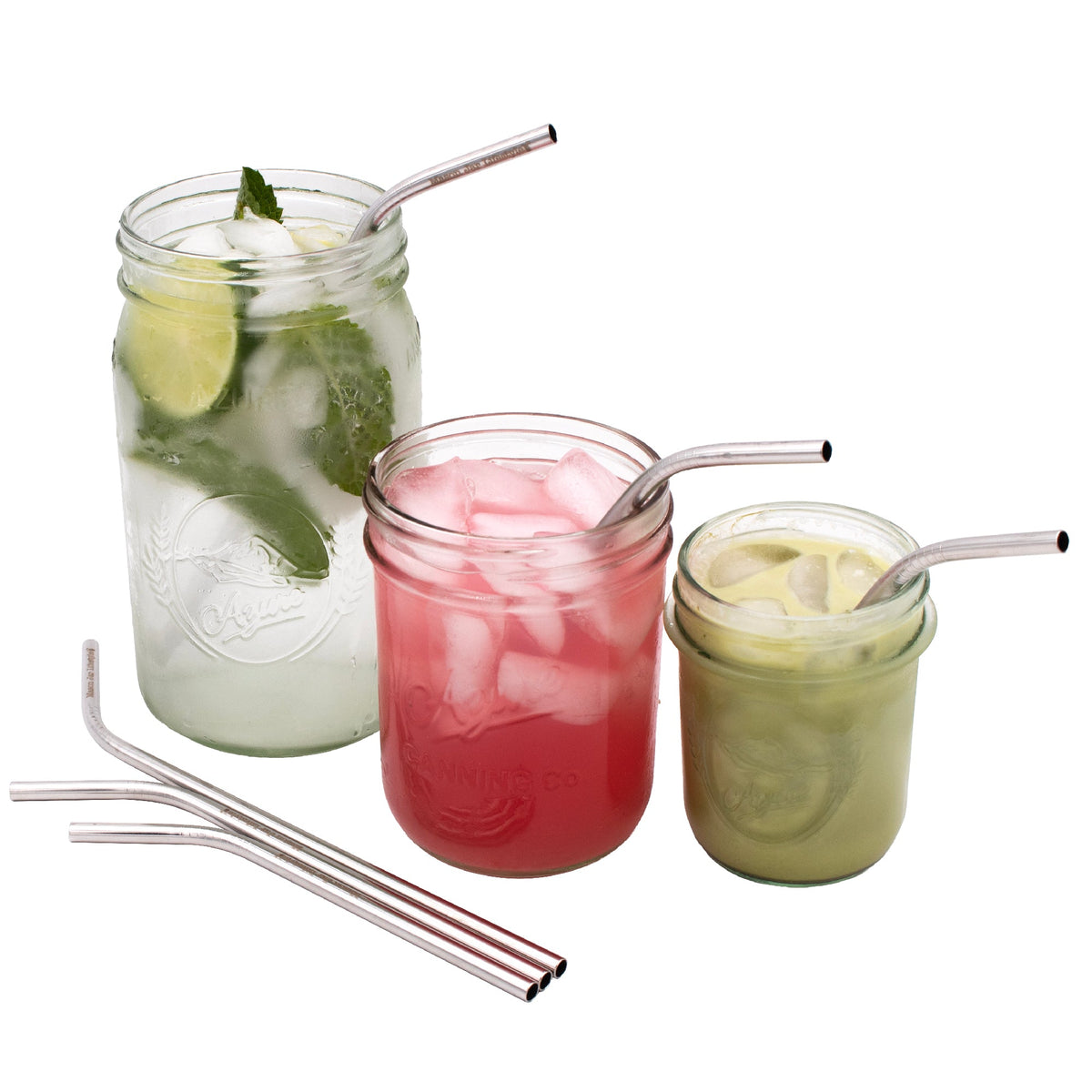 Six stainless steel thin bent straws for mason jars, reusable and rust-proof, ideal for drinks and water cups.