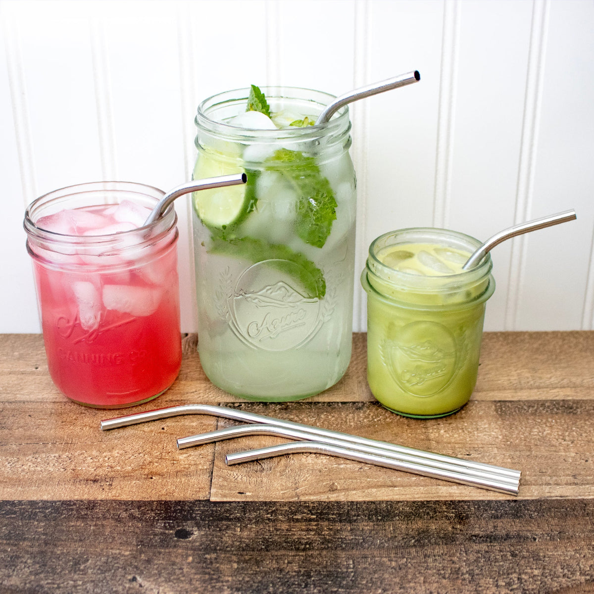 Six stainless steel bent straws for mason jars, perfect for drinks, reusable and rust-proof from Mason Jar Lifestyle.