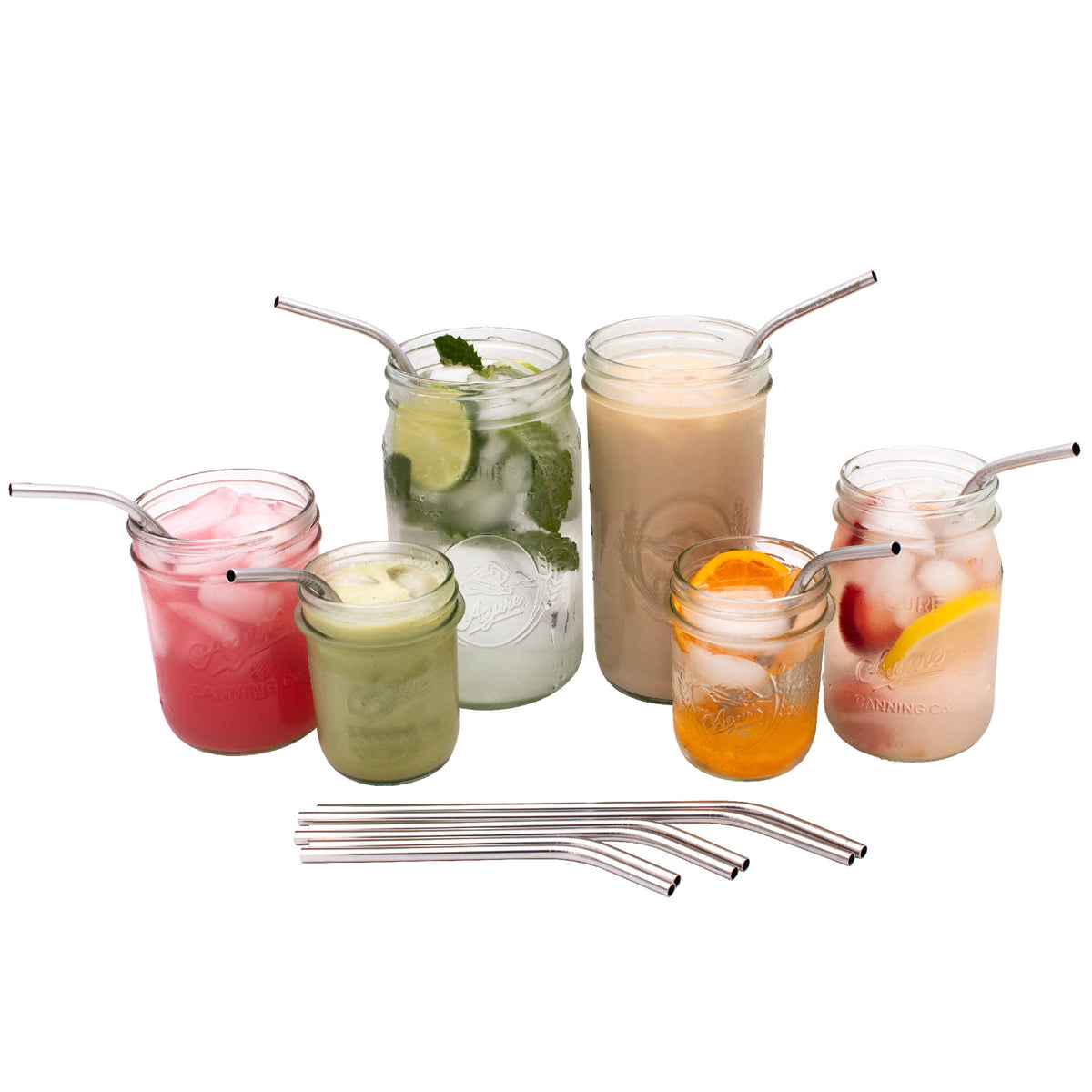 Six stainless steel bent straws for Mason jars, ideal for drinks, tumblers, and juice, from Mason Jar Lifestyle.