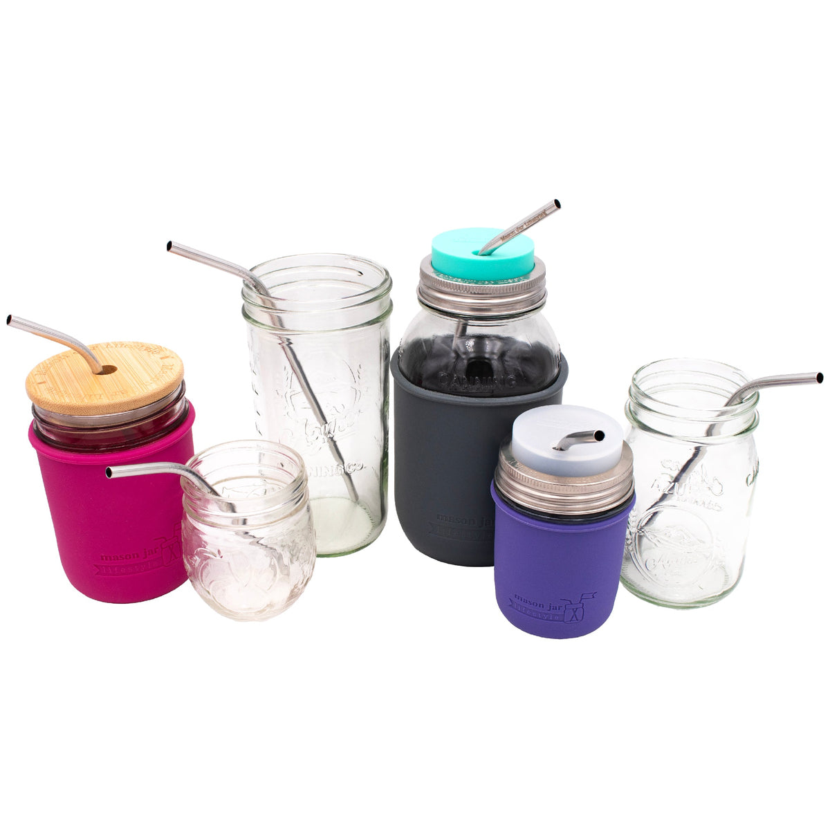 Six stainless steel thin bent straws for mason jars, reusable, rust-proof, ideal for tumbler and water cup drinking.