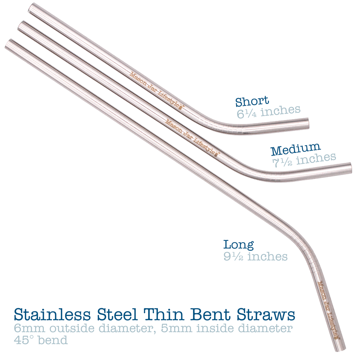 Six stainless steel thin bent straws for mason jars, ideal for tumblers and water cups, by Mason Jar Lifestyle