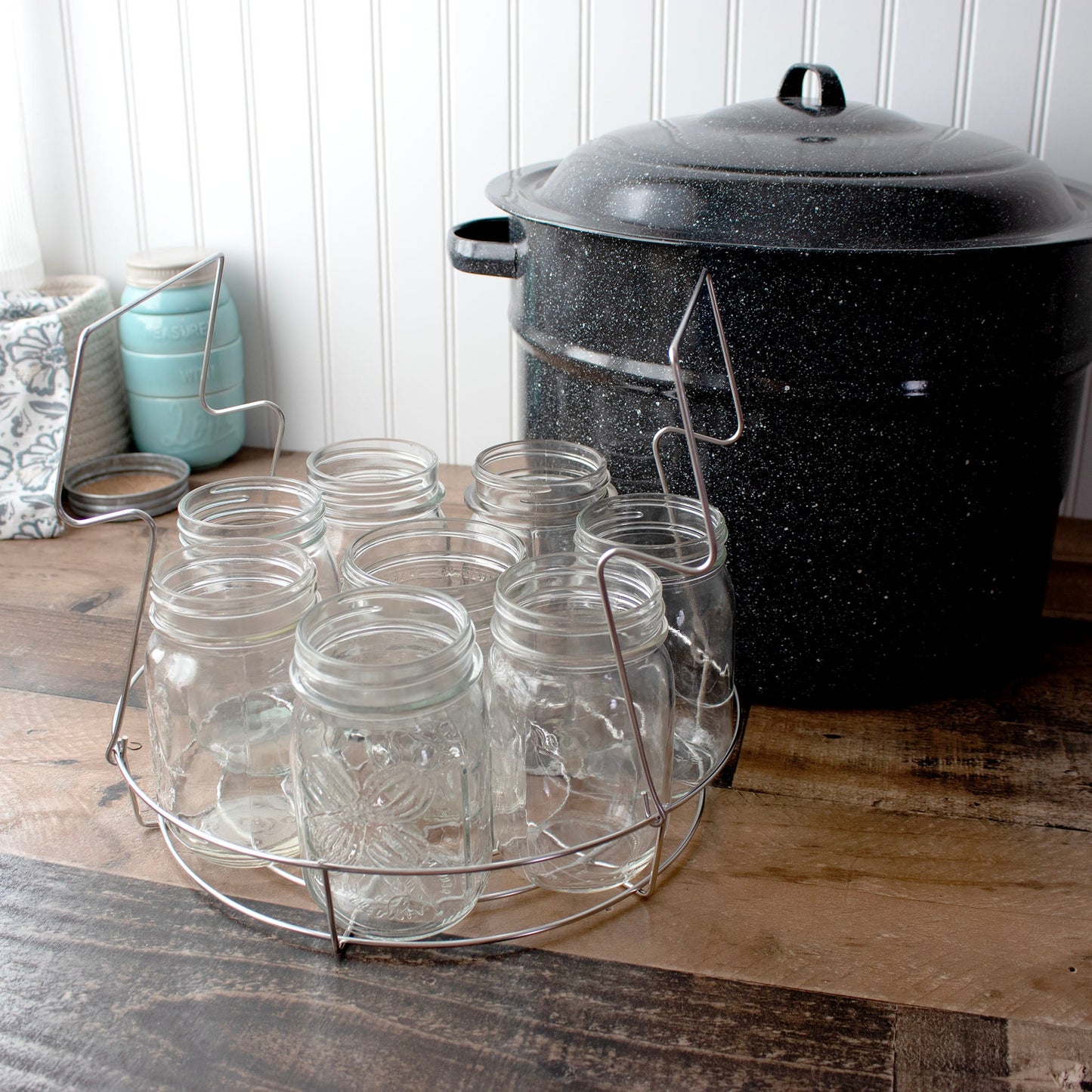 Stainless steel water bath canning rack for Mason Jar Lifestyle regular mouth jars, suitable for 16oz canning pots.