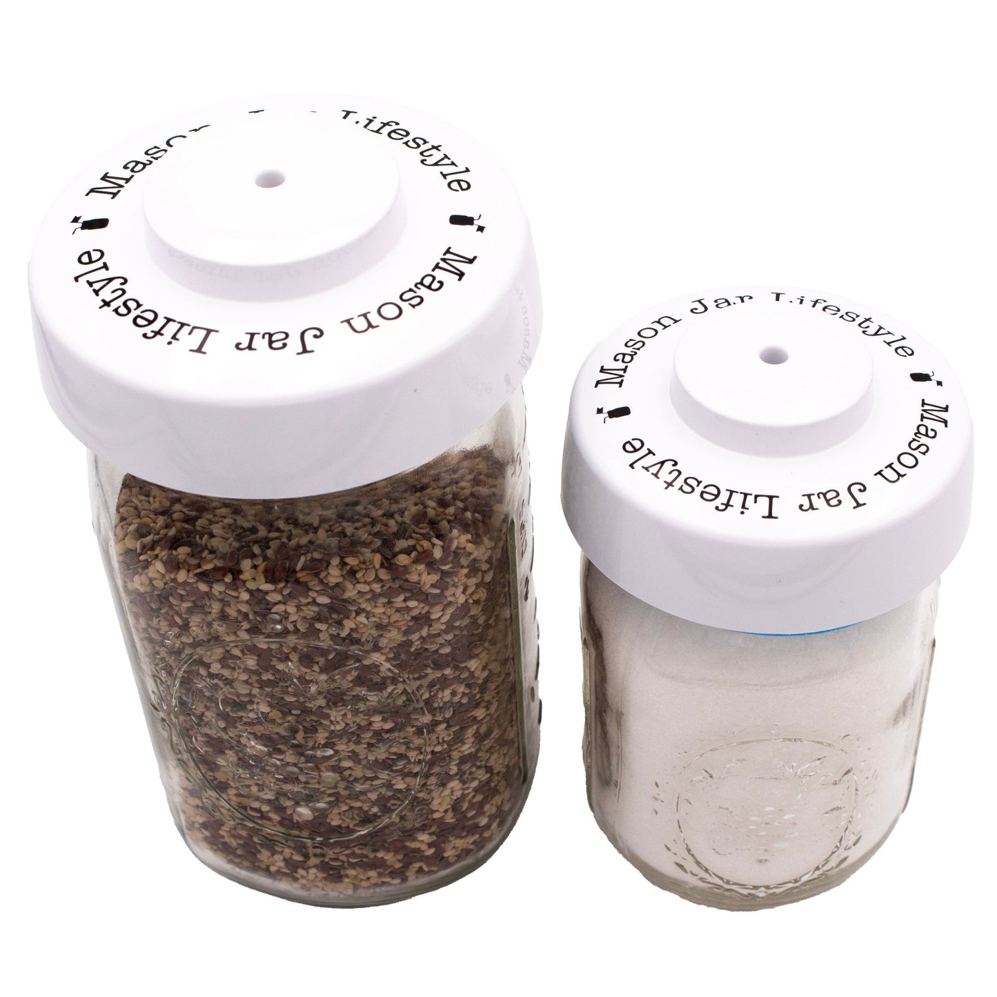 Mason Jar Lifestyle vacuum sealing kit with hand pump for regular and wide mouth mason jars, including sealing accessories.